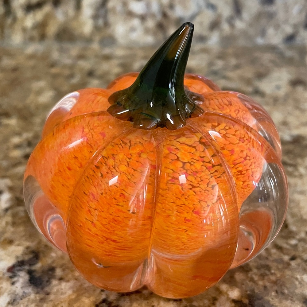 Glass Pumpkin Paperweight! Multicolored orange hues & a tinge of red! Green stem